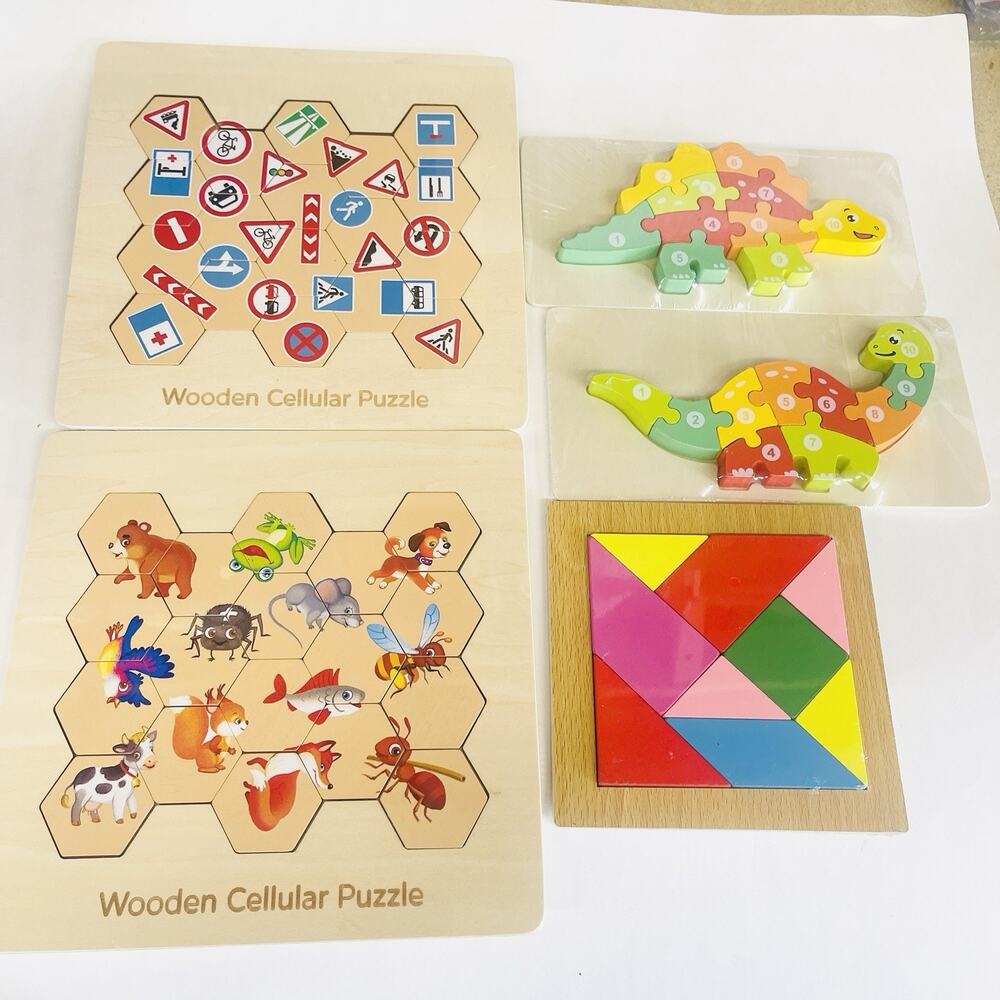 Children’s Wooden Puzzles (Set of 5) Hexagons -animals & Traffic , Dino & Shapes